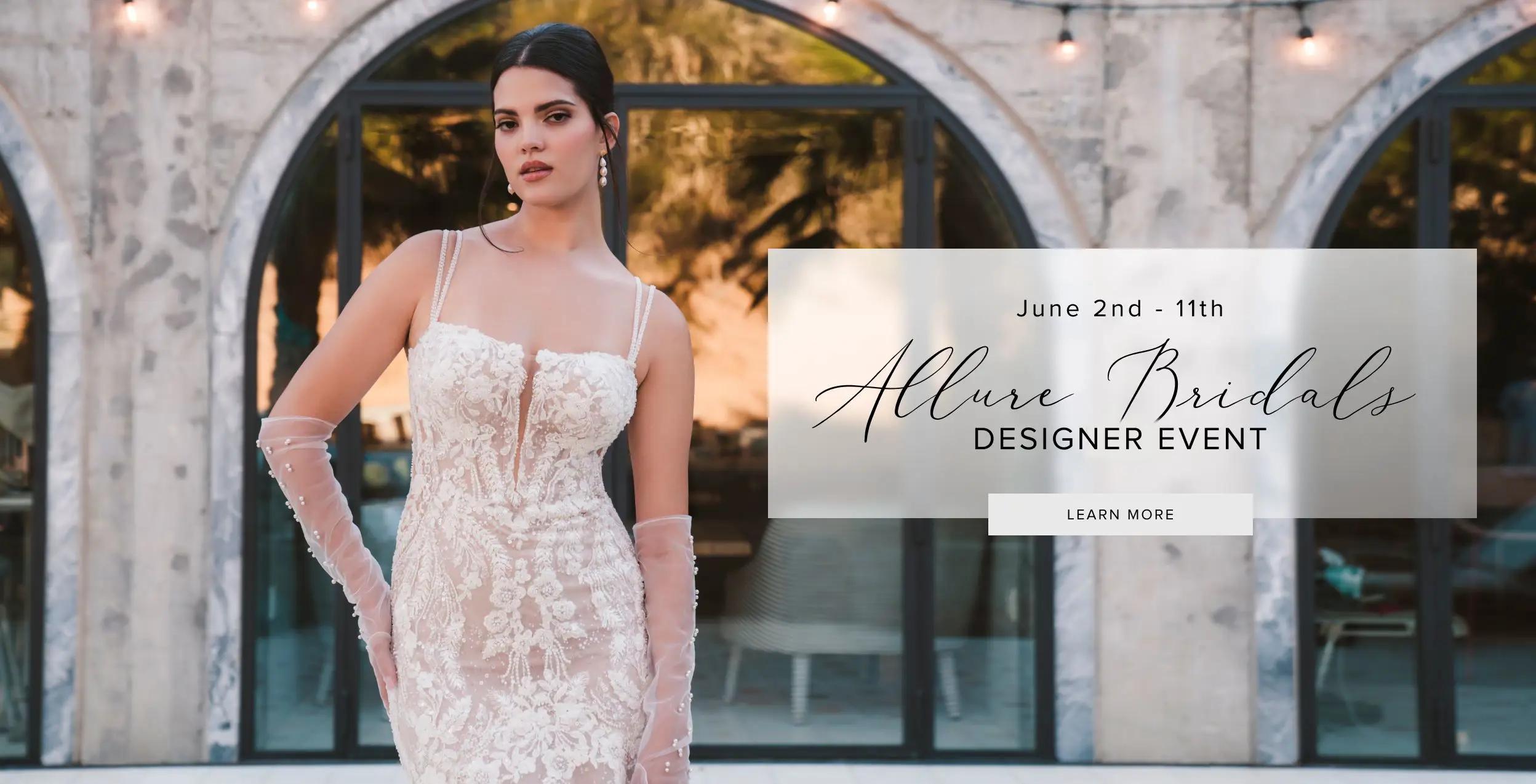 Desktop banner Allure Bridals Designer Event happening between June 2nd and June 11th